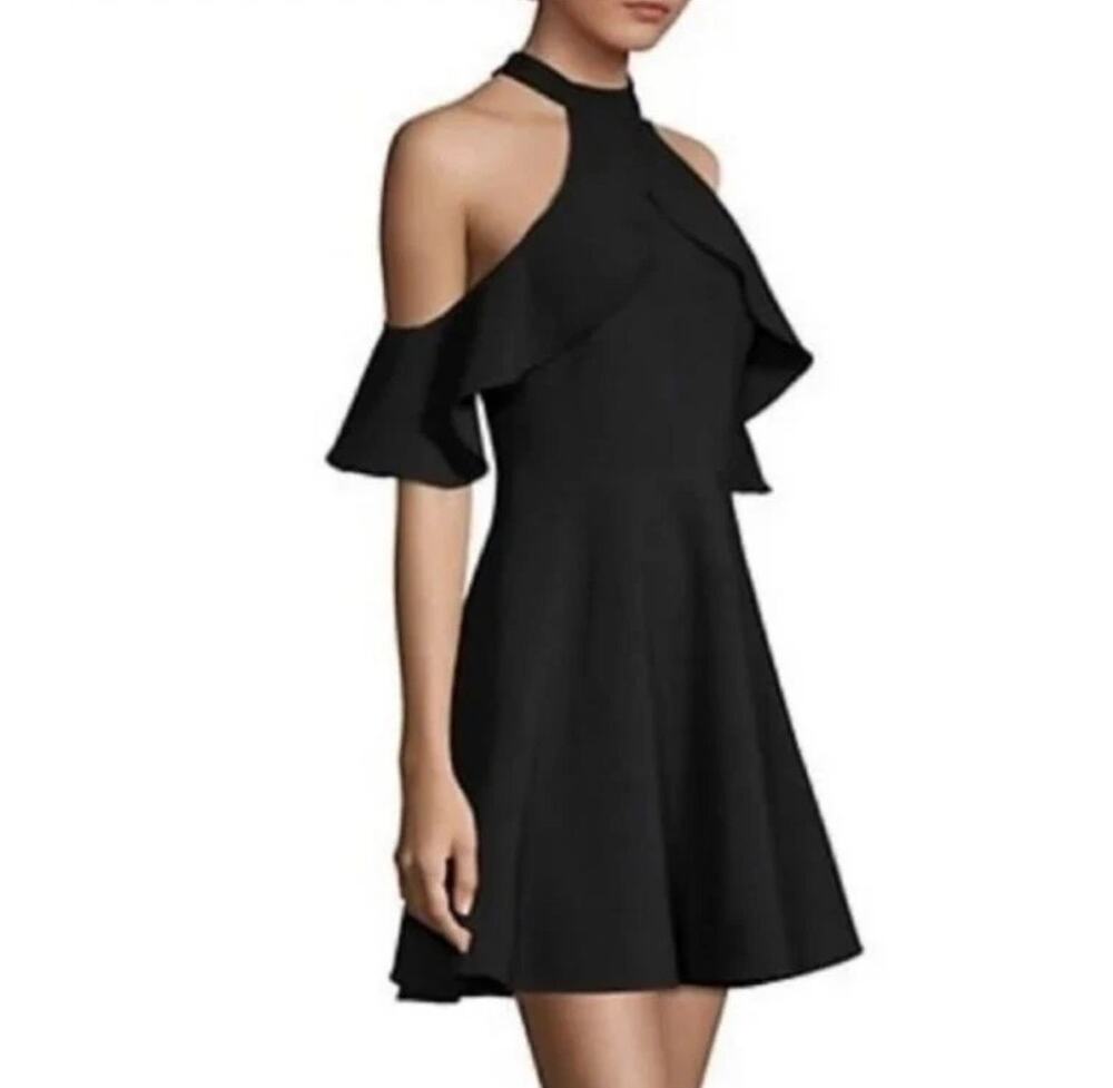 NWT Likely Lavelle Dress Black Sz 4 Cold Shoulder High Mock Neck Ruffle Cut Outs